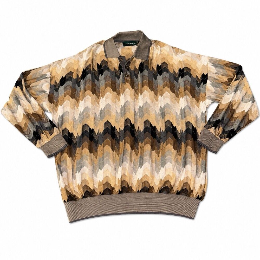 Vintage Tundra Canada XXL Cotton Chevron Knit Polo Sweater Made Canada - Picture 2 of 9